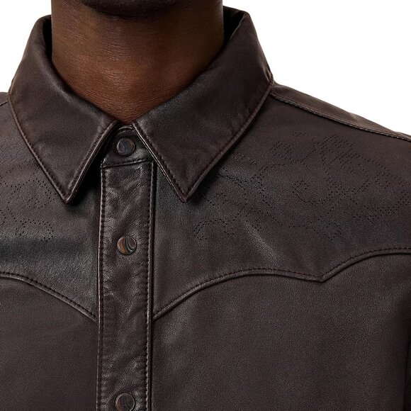 John Varvatos Men's Samuel Western Pearl Snap Leather Shirt Jacket Earth Brown - Picture 4 of 8